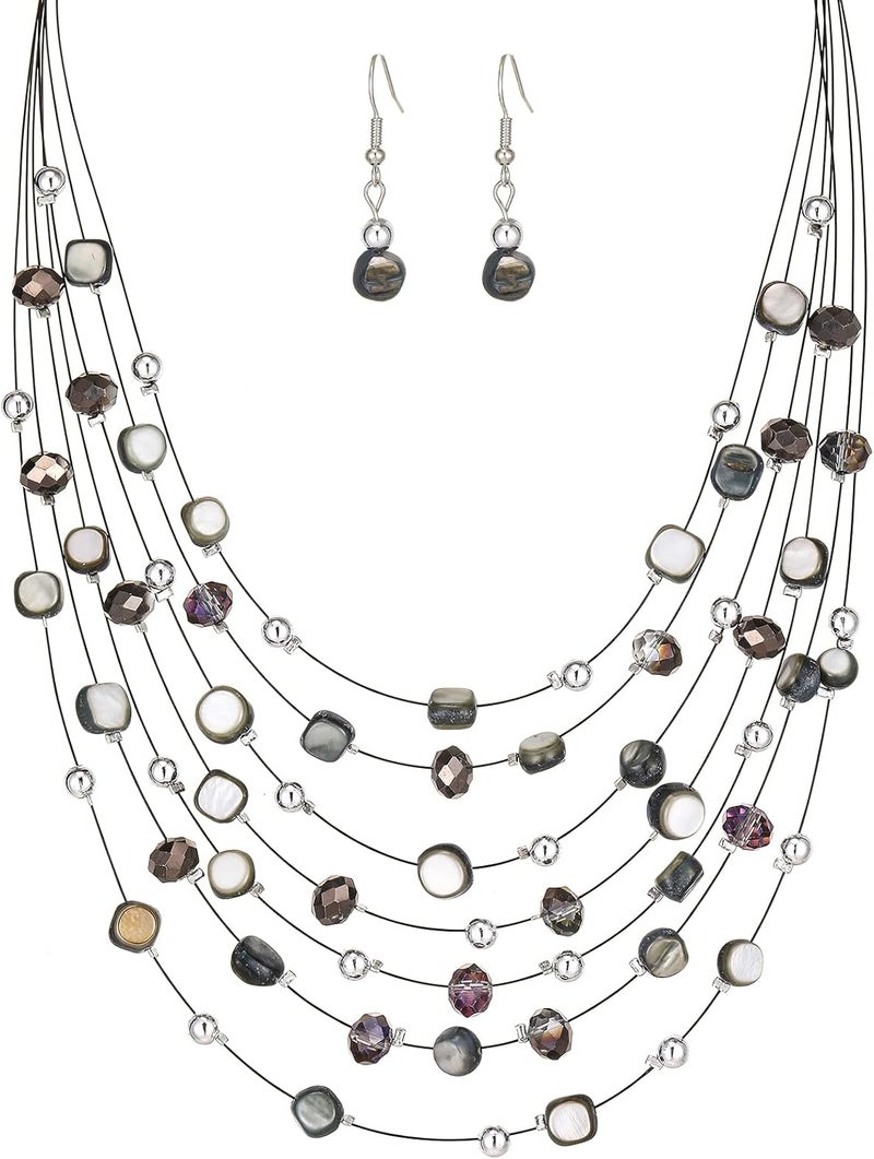 Errally Store Multi-Layer Boho Shell Beaded Necklace for Women Colorful Crystal Strand with Silver Beads Statement Collars Necklace and Earrings Costumes Jewelry Sets for Women - Image 1